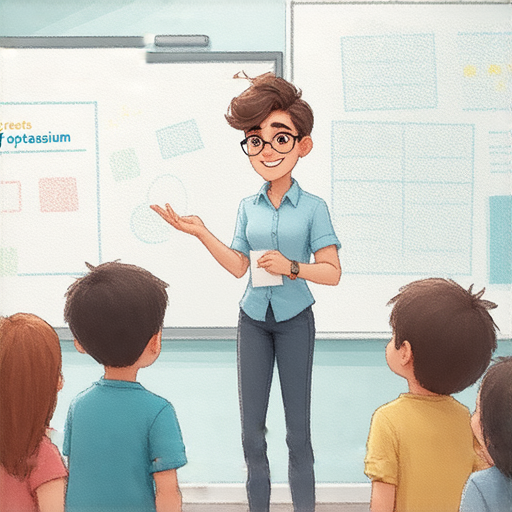 發現鉀的秘密，外籍老師一對一英語指導，學習流暢表達的場景，學生積極參與，課堂氛圍活潑，專注於鉀的應用與英語口說技巧提升