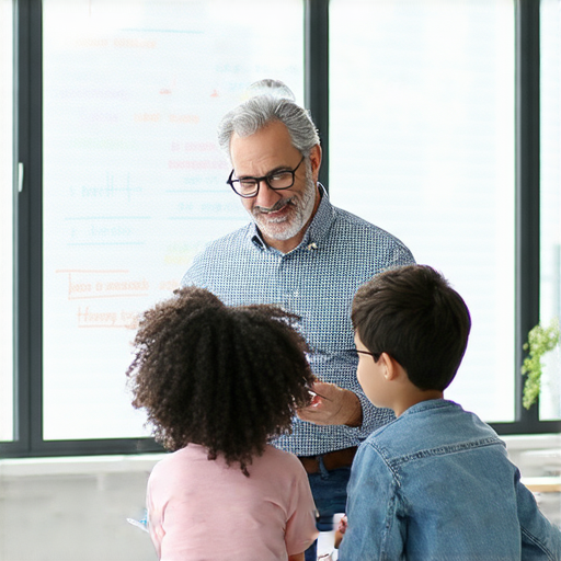 一位外籍英文老師在輔導學生，幫助他們輕鬆掌握數學英文術語，讓數學學習變得簡單易懂，提供一對一的個性化教學支持。