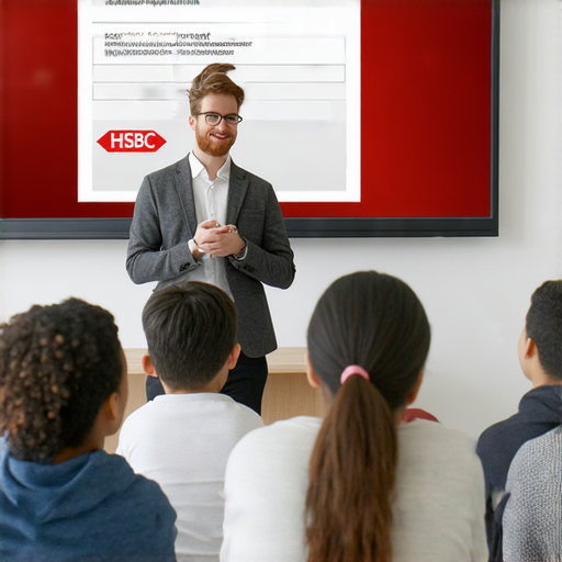 一位滙豐銀行的專家正在教導學生流利英文，畫面中學生專心聆聽，背景顯示預約信息，打破語言障礙，提升英語能力，立即體驗一對一外籍教學。