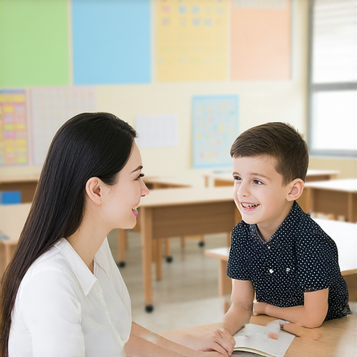 外籍老師與學生一對一互動，學生展現自信地用英文交流，背景為教室環境，象徵飛人般的自信和語言學習的樂趣，體驗外籍教師的專業教學。