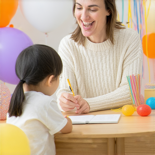 一位外籍老師正在與學生進行一對一教學，主題是派對英語，學生在專心學習，背景有派對相關的裝飾，展現輕鬆愉快的學習氛圍。