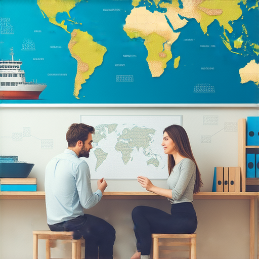 外籍老師一對一教學場景，學員專注學習物流運輸英語，教室環境專業舒適，展示學習材料和互動交流，助您開啟語言之旅，掌握物流運輸英語。