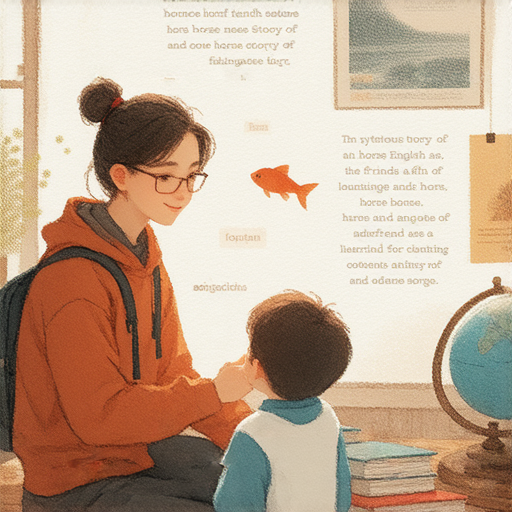 外籍老師教學中，學生聚焦於探索馬友與魚的神秘英語故事，背景包含語言學習的元素，呈現一對一互動的學習氛圍，開啟語言冒險的旅程。