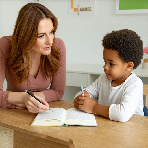 一名外籍老師與學生進行一對一的英語學習討論，桌上擺放著筆記本和筆，背景為語言學習相關的裝飾，象徵著成功的學習旅程和啟發。