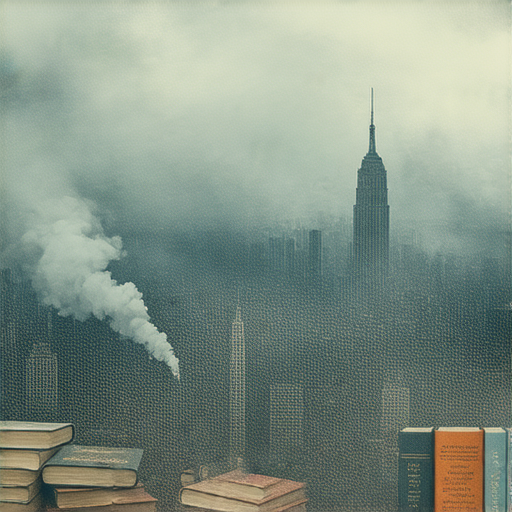 空氣污染危機圖示，顯示城市中的煙霧與污染物，搭配英語書籍與學習工具，強調英語學習能在提升環保意識及行動中扮演關鍵角色。