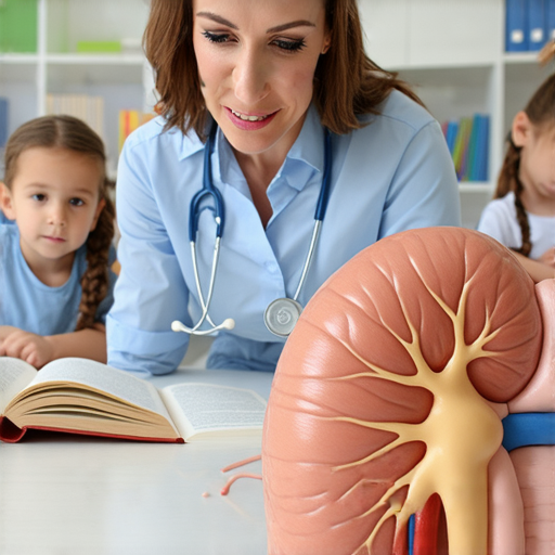 外籍英文老師與學生一起探索腎臟健康知識，教室中展示腎臟模型，背景有醫療資料及書籍，強調深入了解腎臟的神秘面紗，鼓勵立即預約。