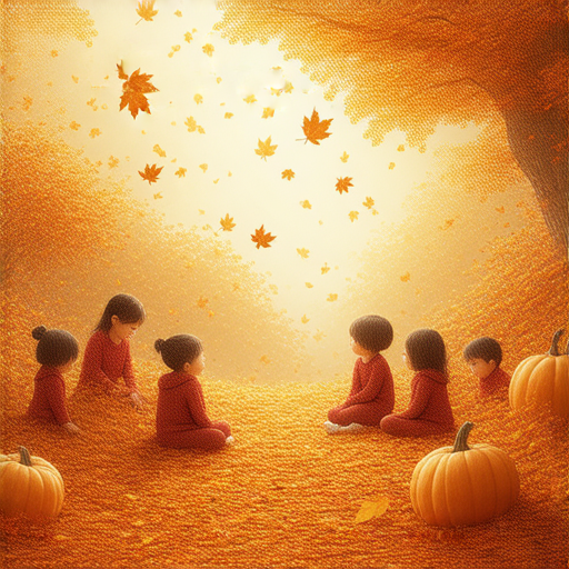 秋天的景色與外籍老師互動教學的圖片，表現出學生在學習季節美語的過程，呈現豐富的色彩和秋季元素，展示「秋天的英文魔法」的學習氛圍。