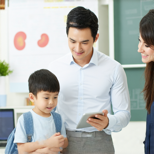 學生與外籍老師一對一學習腎臟與腎病的英文用語，互動提升英語技能，探索健康知識，了解腎臟健康的重要性，場景明亮且專業。