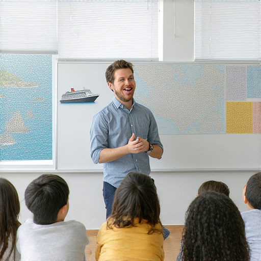 探索郵輪的奧秘，外籍英文老師帶領學生學習郵輪相關知識，課堂上互動熱烈，學生們專心聆聽，增進英文能力，享受學習的樂趣。