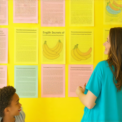 外籍老師教學場景，學生與老師一對一互動，探索香蕉的英文秘密，課堂上的學習資料展示出有趣的知識，增進語言能力和文化理解，歡迎加入學習行列。