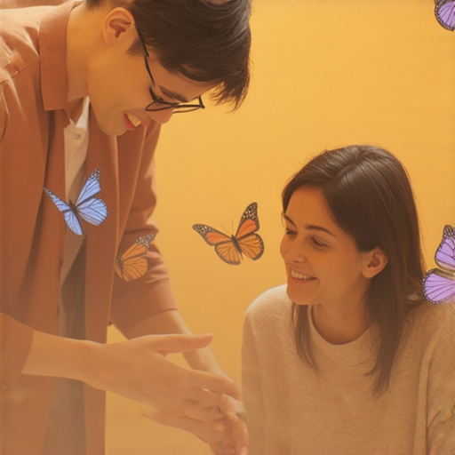 外籍英文老師一對一指導，學生在逆境中努力學習，展現突破自我的信心與決心，背景有蝴蝶象徵蛻變與成長，激勵更多人勇於挑戰自我與提升英文能力。