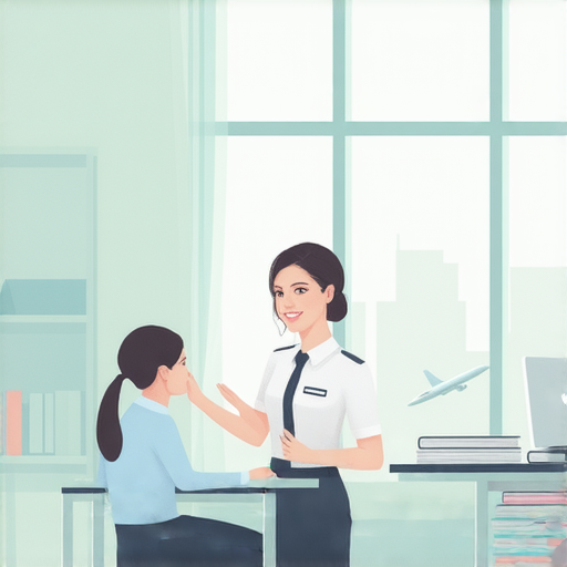 想成為空中服務員的學生與外籍老師進行一對一英文教學，教室內氛圍輕鬆，學生專心聆聽，老師互動熱烈，提升流利英文技巧的學習場景。