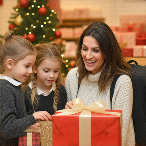 外籍英文老師指導學生提升英文購物技巧，背景為聖誕禮物的精美展示，學生聚精會神學習，體驗發現完美聖誕禮物的樂趣，畫面洋溢節日氛圍，傳遞學習與購物的結合。
