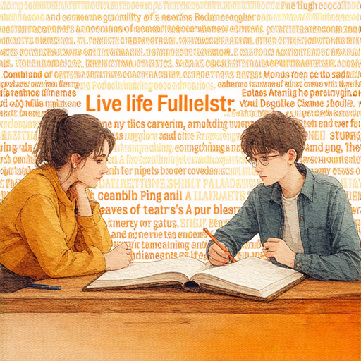 一位外籍老師與學生一對一進行英語學習，背景展示出激勵人心的標語，鼓勵活著並發掘生命的意義，突出提升英文能力的重要性。