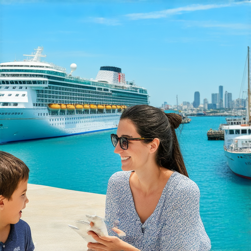 探索郵輪碼頭的英文秘訣，外籍老師一對一教學，提升口說能力，學生與老師在課堂互動，背景為郵輪碼頭，學習氛圍輕鬆愉快。