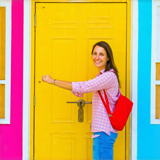 外籍老師微笑著站在門前，幫助學生解開門鎖的困難，並引領他們進入充滿英文學習的世界，象徵著教育的可能性與語言的開放。