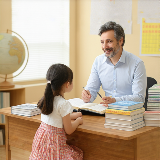 外籍老師一對一英文教學課程，學生面對老師專注學習，桌上有書本和筆記，輕鬆愉快的學習氛圍，開啟流利英文之旅，提升語言能力。