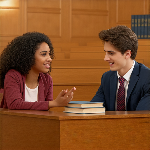 法庭之內的學習場景，外籍老師與律師學生一對一互動，專注於律師必學英文，提升法律專業語言能力，展現學習熱情與交流合作氛圍。