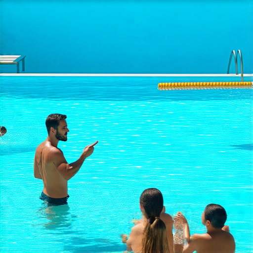 一名外籍老師在游泳池邊指導學生學習英文，學生專注聆聽，場景展現學會英文救生術的互動過程，突破語言困境，提升學習興趣和交流能力。