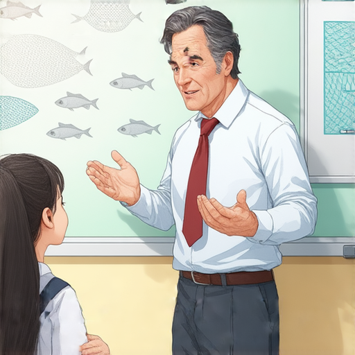 外籍英文老師一對一教學課程，學生專注地學習解開魚網的奧秘，互動情境讓學習變得生動有趣，提升英語溝通技巧，快來體驗這個獨特的學習方式！