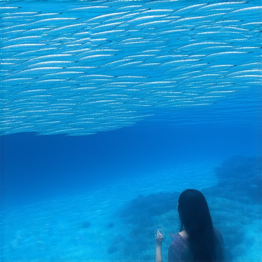 沙甸魚在水中游弋，展現其獨特的形態和顏色。圖中還有外籍老師指導學生學習英文，展示探索沙甸魚的樂趣和學習英語的重要性。