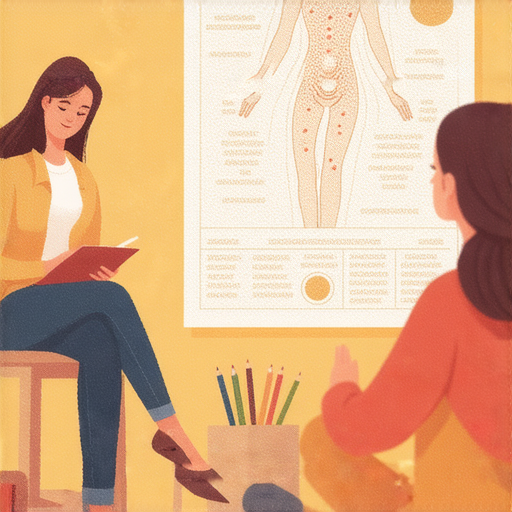 揭開穴位奧秘的圖片，顯示外籍老師與學生一對一學英文的互動，背景是學習工具和穴位圖，展現探索學習的氛圍，激發對英語學習的興趣。