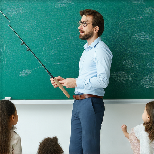 外籍英文老師與學生一起探索魚餌的秘密，教導流利對話技巧，場景充滿互動性與學習氛圍，讓學習變得有趣、富有啟發性。