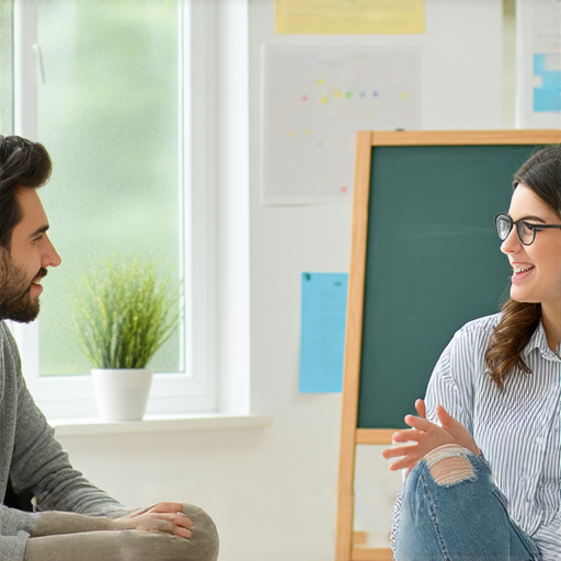 外籍老師與學生一對一進行英語對話，背景為教室。探索監控英語的奧秘，提升英語能力，讓學習更有效率。