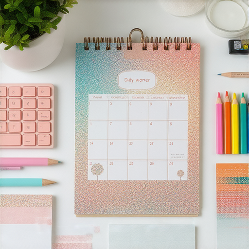 自製獨特年曆的桌面佈置，色彩斑斕的手工年曆展現出創意與驚喜，周圍擺放文具與裝飾品，打造出每天都充滿新奇的生活氛圍。