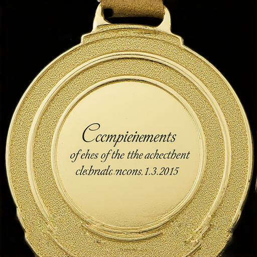 獨特的訂製獎牌展示，背面刻有榮譽與成就的秘密，金色光澤與精美設計吸引眼球，結合個人化元素，彰顯獲獎者的努力與獨特性。