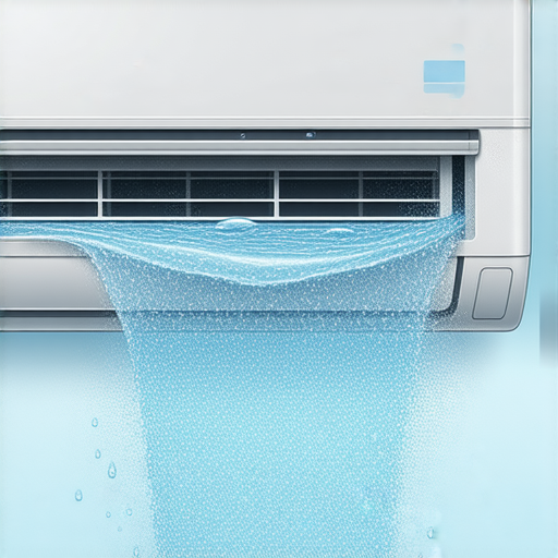 分體式冷氣機滴水問題的示意圖，顯示冷氣機內部構造，水滴從冷凝水盤流出，解釋冷氣機滴水原因，幫助使用者了解維護注意事項。