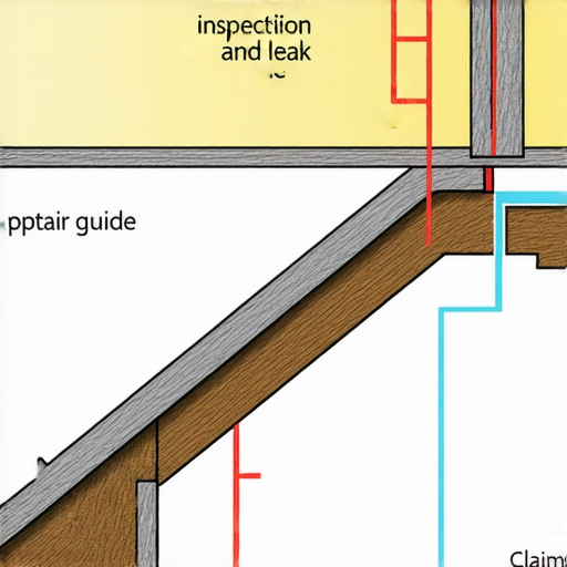 樓上漏水問題的檢測與維修示意圖，顯示漏水來源及修復步驟，還有索賠指引，幫助房屋擁有者解決漏水困擾，維護居住環境品質。