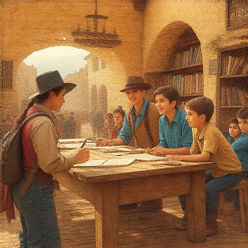 走進淘金小鎮，外籍英文老師在教室裡進行一對一教學，學生們積極參與，探索學習過程中的寶藏，背景展示小鎮的特色建築和文化氛圍。