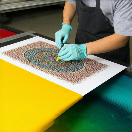 絲網印刷過程中的工人正在精確施作印刷技術，展示不同顏色的油墨，背景中的印刷店設備與成品顯示出高品質的印刷效果，為揭開絲網印刷的神秘面紗提供視覺參考。