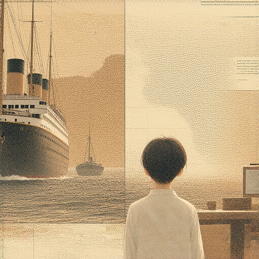 揭開鐵達尼號的秘密的圖片，展示學英文與外籍老師一對一的學習場景，學生專注聆聽，周圍有鐵達尼號相關歷史資料，強調探索歷史與語言學習的結合。