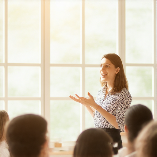 一位外籍老師在教室中與學生交流，學生專注聆聽，窗外陽光灑進來，象徵著學好英文的機會與希望，鼓勵立即預約外籍老師，無懼交流。