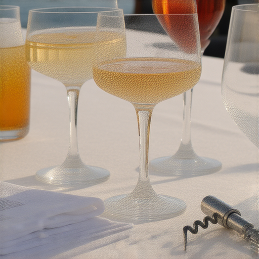 郵輪旅行中多款酒精飲品展示，配件如酒杯和開瓶器陳列於桌上，營造出悠閒氛圍，讓旅客能輕鬆選擇，提升旅程的完美體驗。