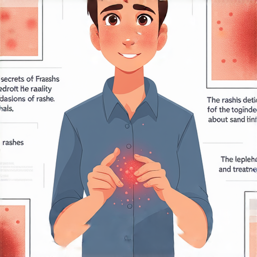 外籍英文老師正在講解紅疹的秘密，圖片中展示了紅疹的樣貌與特徵，並吸引觀眾立即點擊學習更多相關知識，讓人了解紅疹的成因及處理方法。