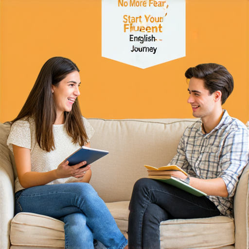 外籍老師進行一對一英語教學，學員自信地練習口說，環境友好且輕鬆，標語提醒不再害怕說英文，開啟流利英語之路。