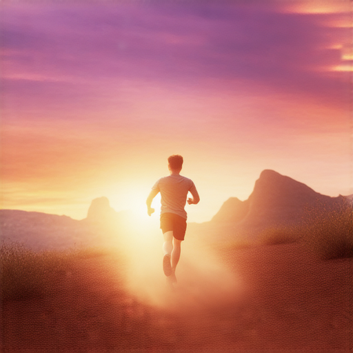 一位年輕人在崎嶇不平的路上跌倒，卻堅毅地站起來，開始奔跑，象徵在道路不明的挑戰中努力追求夢想，展現勇氣與堅持的精神。