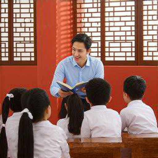 外籍老師在教室內與學生互動，專注學習英文，背景展示紅糟的文化特色，展現其魅力與神秘，激發學生對語言學習的熱情。