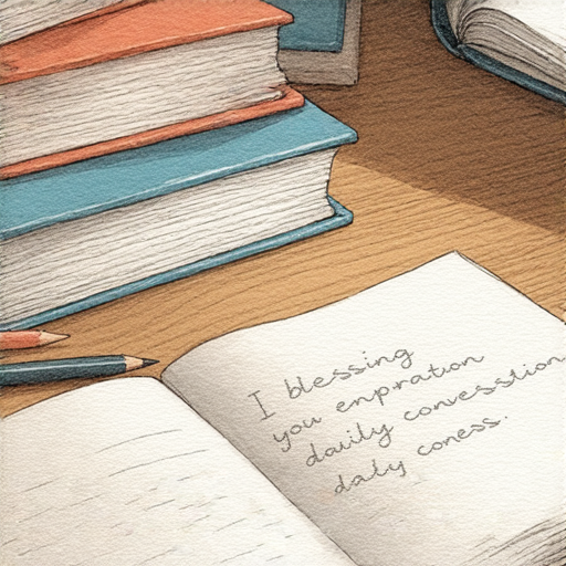 一位學生在教室中專注學習英語，桌上放著書籍和筆記，旁邊有祝福句的卡片，代表透過祝福句提升日常對話技能的探索。