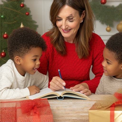 聖誕節祝福英語學習班，外籍老師一對一教學，提升祝福技能，歡樂氛圍與聖誕裝飾背景，學生積極參與學習，聖誕樹與禮物增添節日氣息。