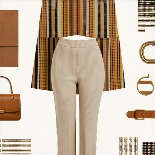 米色新時尚的服裝搭配展示，突圍競爭的獨特設計與流行元素，背景中節奏範疇的時尚配件，展現出創新與個性的完美結合，吸引現代消費者的目光。