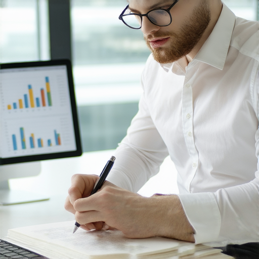 一位職場專業人士手持筆記本，聚精會神地研究職場進步與成功的秘訣，背景是明亮的辦公室環境，象徵著探索累積與結業的過程。