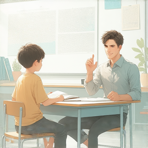 一位外籍英文老師與學生一對一教學，互動熱烈，學生專注學習，教室環境友善，展現學習熱情和探索的氛圍，強調個性化教學的效果。