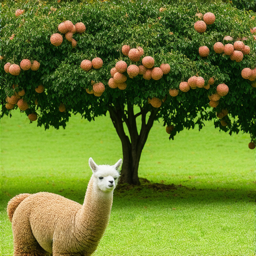 草地上悠閒的草泥馬與豐滿的荔枝樹相映成趣，草泥馬在草地上嬉戲，背景是盛開的荔枝，展現自然之美，揭秘它們之間的秘密，吸引觀眾探索草泥馬與荔枝的故事。