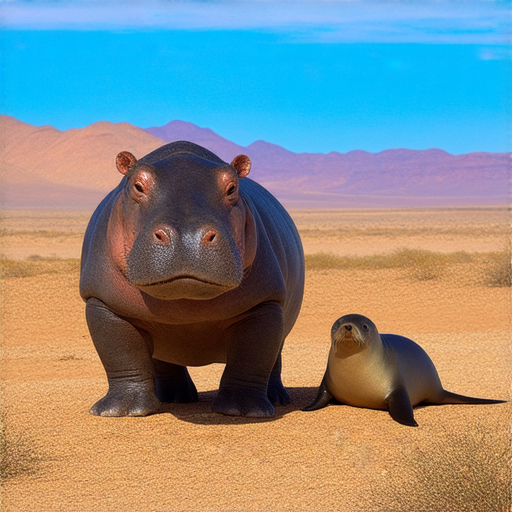 探險沙漠中的景象，活潑的河馬與海獅共存，色彩斑斕的背景展示混血兒的秘密，展現獨特生態與奇幻冒險的瞬間。