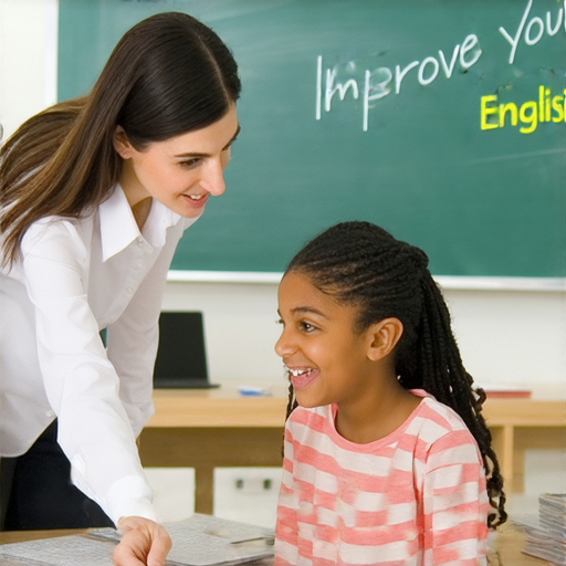 一名外籍老師正與學生進行一對一的英語教學，學生展現專注與興奮的表情，教學環境舒適，突顯個性化學習，標語「改善你的英文」強調提升英語能力的重要性。