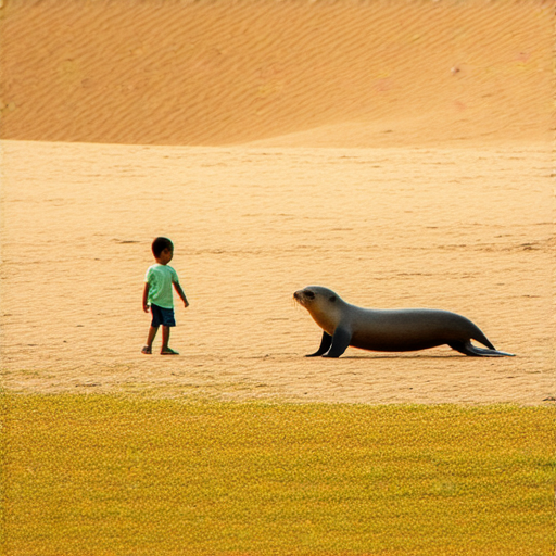 活潑的海獅在沙漠中嬉戲，混血兒在旁探索神秘的淺草，背景是沙丘和清晰的天際，展現獨特的奇幻旅程與注銷 Secrets的幻想世界。